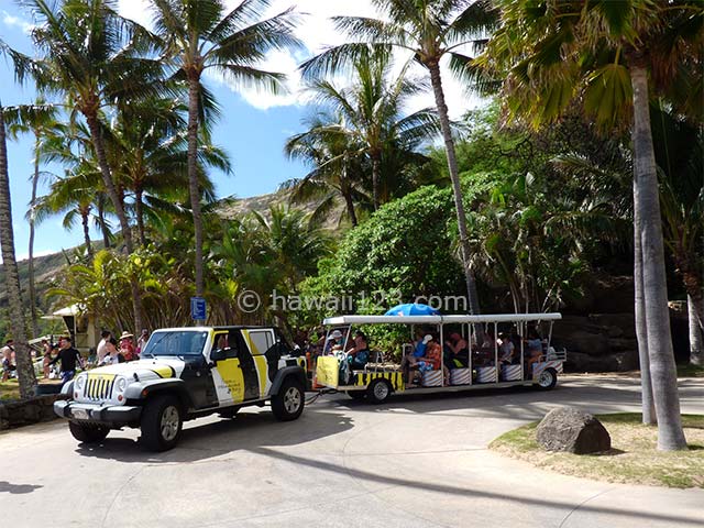 ハナウマベイの崖の上とビーチを往復する有料トラム