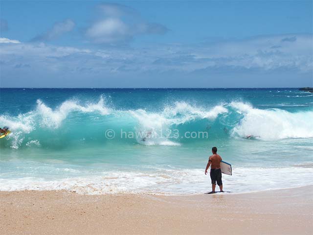 サンディビーチの波打ち際でブレイクする波