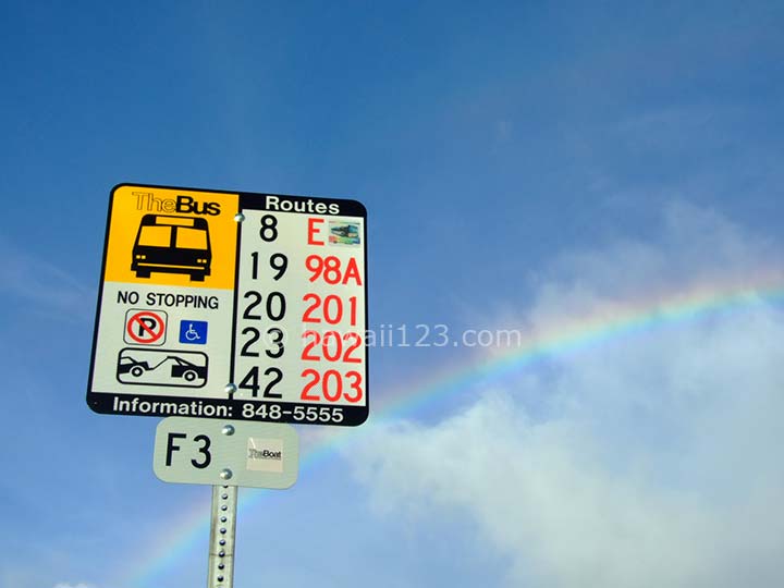 停車するバスの番号が表示されたオアフ島のバス停サイン