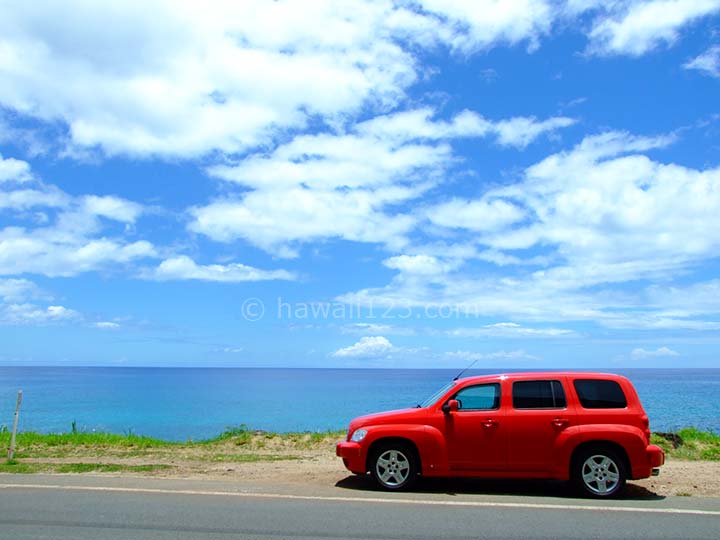 海沿いに停車中のハワイのレンタカー